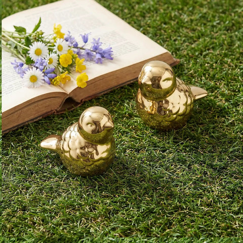 Two Pack Gold Bird Toilet Bolt Covers Decorative Screw Caps Glossy Finish on green grass with flowers and a book in background.