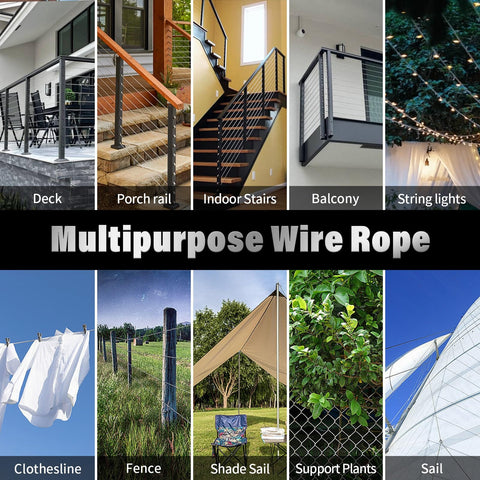 Image showcasing uses of Marine Grade T316 Stainless Steel Wire Rope Cable for Deck Railing System Kit, 100 Ft Length.