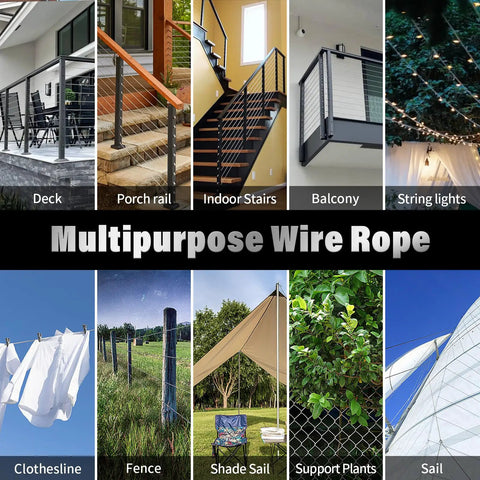 Kickass Marine Grade T316 Stainless Steel Wire Rope Cable 400 Ft One Eighth Inch used for deck railings and shade structures.