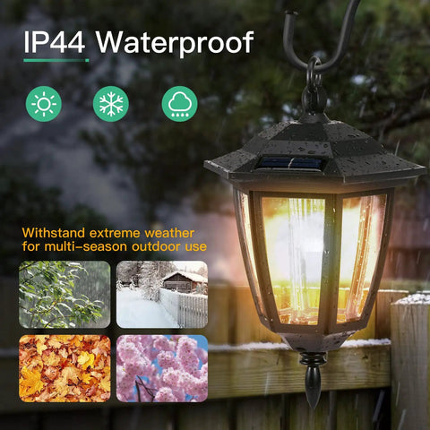 Close-up of an IP44 waterproof outdoor solar spotlight hanging, highlighting durability in various weather, enhancing pathway safety.