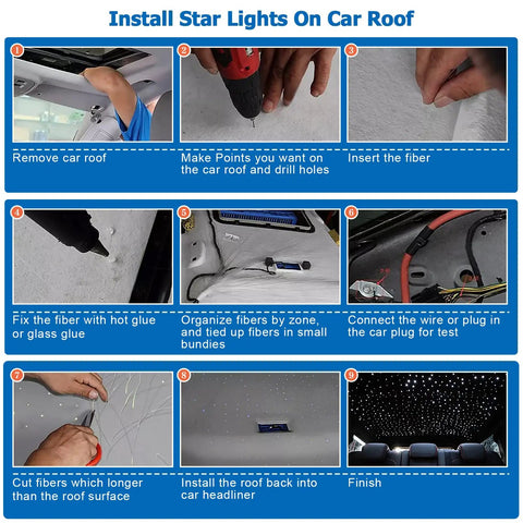 Installation steps for 16W Twinkle Starlight Headliner Kit With Sound Activated Mode, showing fiber optic setup on car roof.