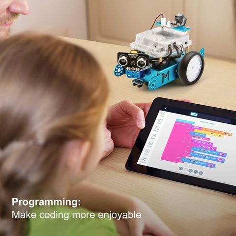 Child programs mBot robot on tablet; Three In One Servo Pack For mBot Upgrade Turns Your Bot Into A Dancing Cat, A Head Shaking Cat, Or A Light Emitting Cat With Easy To Follow Assembly Guide And Quick Setup Ideal For STEM Projects And Makers.