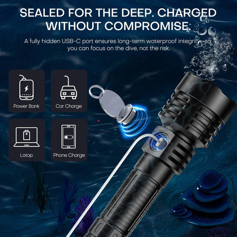 Rechargeable Underwater Dive Light 2000 Lumens IP68 Flashlight with USB-C charging feature and charging options on display