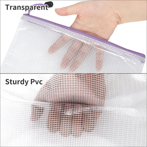 Close-up of transparent mesh zipper pouch from Mesh Zipper Pouch Bags Set, 30 Pieces In 8 Sizes And 8 Colors Waterproof Storage Pouches