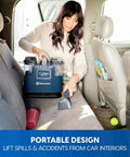 Portable Carpet And Upholstery Spot Cleaner With SixFoot Hose for deep stain busting on car seat. Lightweight design in use.