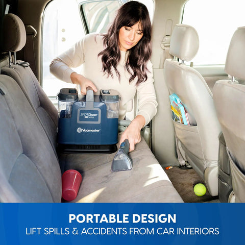 Portable Carpet And Upholstery Spot Cleaner With SixFoot Hose for deep stain busting on car seat. Lightweight design in use.