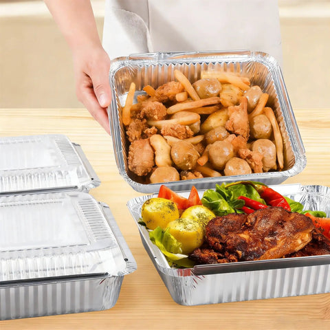 40 Pack 8x8 Inch Aluminum Square Pans With Clear Lids For Baking, Heating, Storing, And Meal Prep shown with food inside