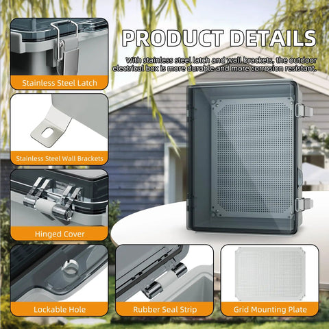 Weatherproof Plastic Electrical Junction Box 15.7x11.8x7.1 Inches Outdoor NEMA 4 Enclosure With Clear Cover and Latches