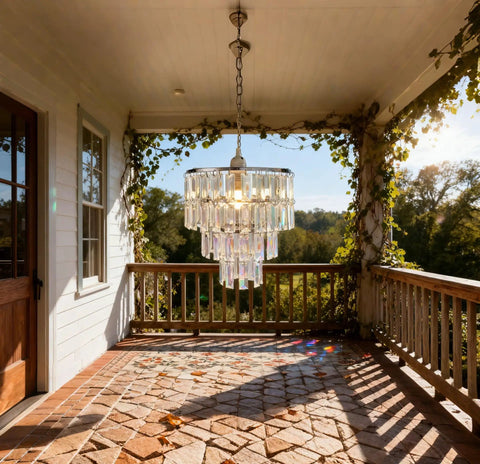 Plug In Modern Crystal Pendant Chandelier Light With Faux Crystal Drops, 10.25 W X 11.5 H, on a sunny covered porch