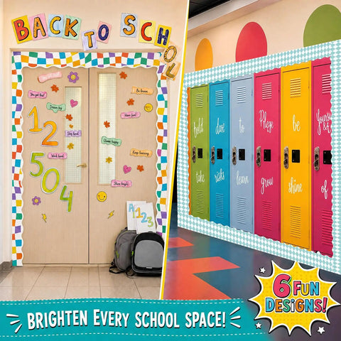 Six Back To School Bulletin Board Borders Set 198 Feet Total With 2.36 Inch Wide Rolls Checked Pencil Notebook Classroom Decor