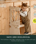 Child standing on wooden step stool in kitchen; Wood Care Soap For Floors, Furniture, And Cabinets Non Caustic Concentrate 1 Liter.