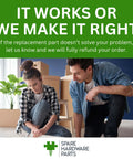 People assembling furniture with Spare Hardware Parts slogan "It Works or We Make It Right" in green banner above.