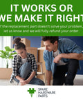 Two people assembling furniture with 'IT WORKS OR WE MAKE IT RIGHT' text, spare hardware parts logo visible