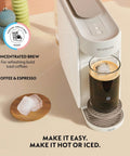 Front view of Vertuo Up All In One Coffee And Espresso Maker In White By DeLonghi with iced coffee and brew settings visible