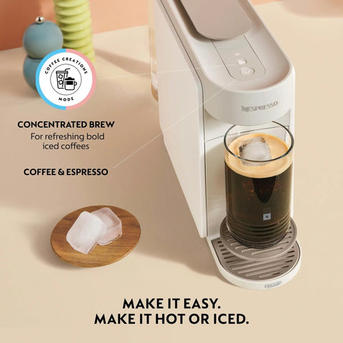 Front view of Vertuo Up All In One Coffee And Espresso Maker In White By DeLonghi with iced coffee and brew settings visible