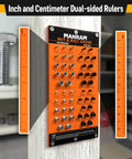 Manram nut and bolt gauge board in orange with standard and metric sizes; wall-mounted, flanked by two orange rulers.