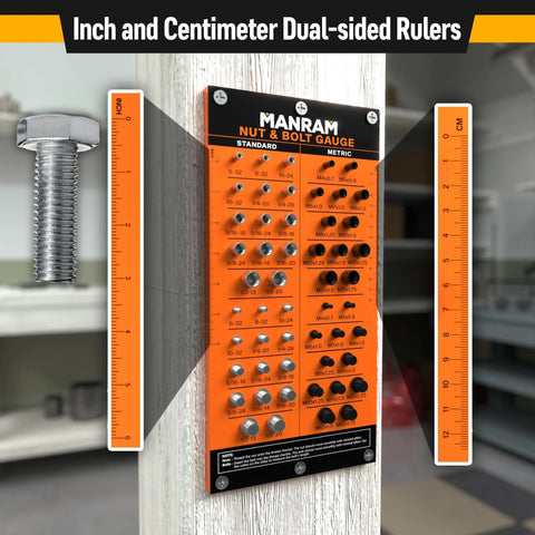 Manram nut and bolt gauge board in orange with standard and metric sizes; wall-mounted, flanked by two orange rulers.