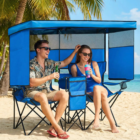 Double Beach Chair With Canopy Shade Built In Cooler Bag And Cup Holders Oversized Folding Loveseat for beach use