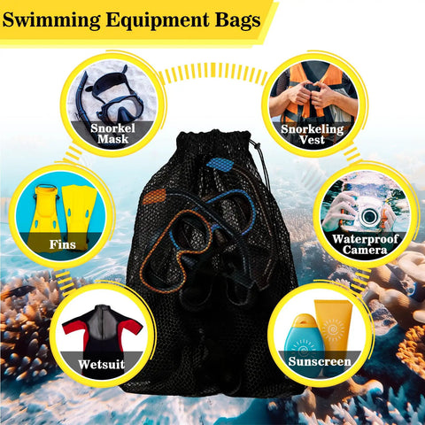 Three Piece Mesh Dive Bag Set With Drawstring Organizers surrounded by snorkeling gear icons like fins and snorkel masks