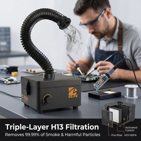 Heavy-Duty Solder Fume Extractor 80W, 168 M3 Per Hour Airflow, HEPA And Carbon Filtration in electronics lab with technician