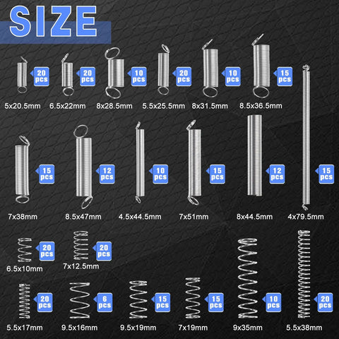 300 Piece Spring Assortment Kit With 20 Sizes Of Durable Extension And Compression Springs For Pen Repair Home DIY Projects And Industrial Jobs Made From Rust Resistant Steel Heavy Duty Mini Parts, size chart