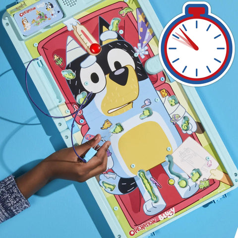 Legit Awesome Bluey Pediatrician Board Game For Kids Featuring Electronic Talking Sound Effects And All In One Carry Case With Two Play Modes And Super Chill Family Fun For Ages 6 Plus Totally Rad Interactive Playtime with hand using tweezers.