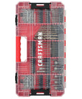 Craftsman 140-piece impact driver bit set in a red transparent case with steel bits