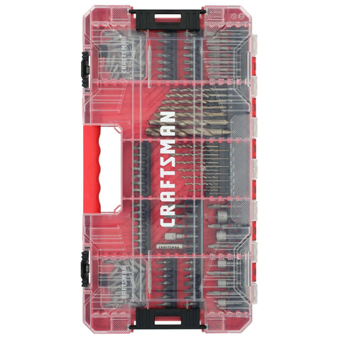 Craftsman 140-piece impact driver bit set in a red transparent case with steel bits