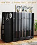 Wooden Golf Bag Organizer With Wheels, Heavy Duty 3-Bag Golf Storage Rack with hooks and club rack, sleek black design