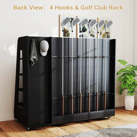 Wooden Golf Bag Organizer With Wheels, Heavy Duty 3-Bag Golf Storage Rack with hooks and club rack, sleek black design