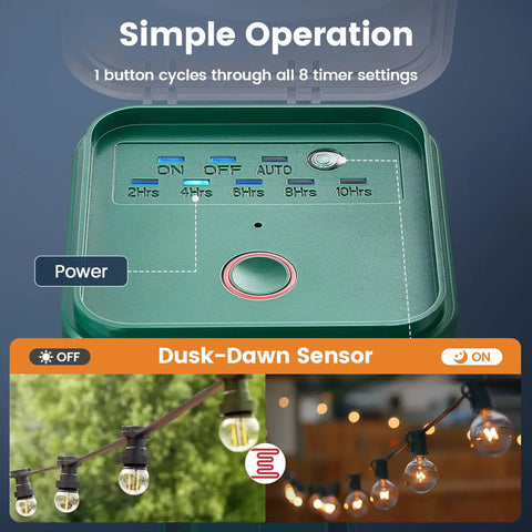 Rock Solid Outdoor Lighting Timer Featuring Dusk To Dawn Photocell Sensor With Six Weatherproof Outlets For String Lights control panel with timer settings.