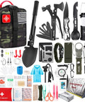 Emergency Survival Kit 252 Pieces With Molle System For Home Car Emergency Gear First Aid Kit For Earthquake Outdoor Adventure Travel Great Gift For Men Women Teens with camouflage bag, tools, and first aid supplies.