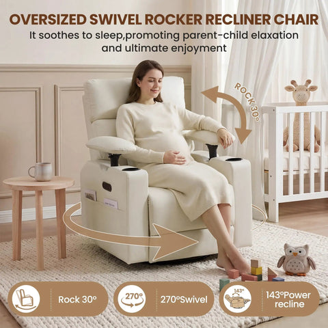 Woman relaxing in Electric Swivel Nursing Rocker With Adjustable Armrests And Headrest, Glider Nursery Chair for Breastfeeding