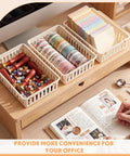 Bulk Set Of Six Small Beige Plastic Storage Baskets Perfect For Desk Drawer And Countertop Tidy Organization displayed with office supplies.