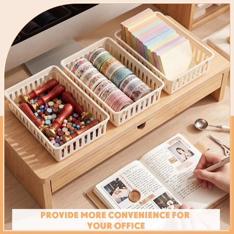 Bulk Set Of Six Small Beige Plastic Storage Baskets Perfect For Desk Drawer And Countertop Tidy Organization displayed with office supplies.