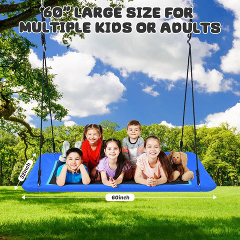 Children on 60 Inch Rectangle Tree Swing With 700 Pound Capacity Open Flat Platform Heavy Duty Waterproof For Kids And Grownups Includes Installation Kit And 2 Tree Straps Blue in a park.