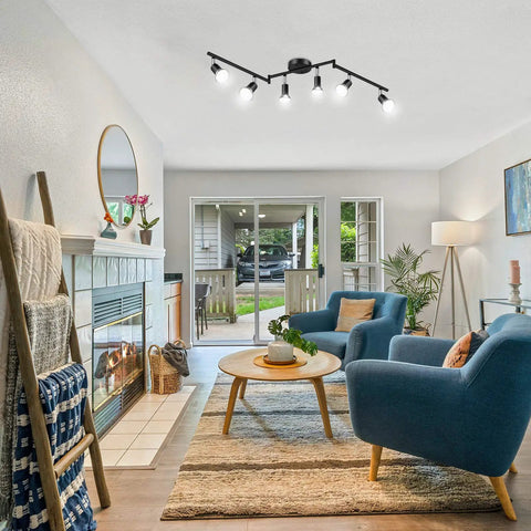 Living room with 6 Light LED Track Lighting Kit With Flex Rotatable Heads Black Ceiling Spotlight illuminating space