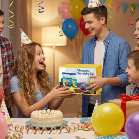 Children at a birthday party exchanging a Hands On Lab Science Kit For Kids With 33 Pieces Of Beakers And Test Tubes, surrounded by balloons.