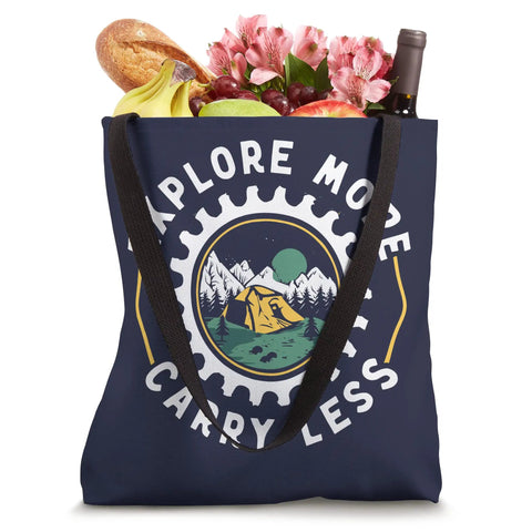 Sprocket Themed Tote Bag For Bikepacking Adventures With Tent Inside Mountain Scene Design Perfect For Gravel Trails Carry Light Gear And Camp In Style While Exploring The Backcountry And City Commutes On The Go showing groceries.