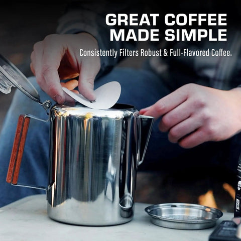 Person placing a paper disc filter into a percolator for brewing. Premium Disc Percolator Coffee Filters For Campers And Home Brewers fit.