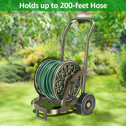 Mobile Hose Reel Cart With Wheels Holds Up To 200 Feet Of Five Eighth Inch Hose Heavy Duty Steel Frame With Storage Basket