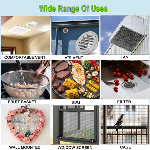 Various uses of Stainless Steel Mesh Screen 20 Mesh 15.7 By 78.7 Inches No Rust Easy To Cut shown in vents, filters, cages, and baskets