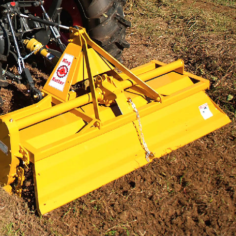 Gear-Driven Rotary Tiller With 5-Ft Width, Heavy-Duty Cast Iron Gearbox in action on soil, TG-60-Y