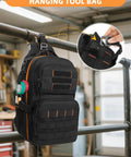 Heavy Duty Hvac Tool Bag And Electrician Chest Pouch With Heavily Reinforced Stitching And Compact Polyester Frame hanging on a pipe.