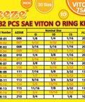 Viton O Ring Assortment Kit 382 Pcs SAE 30 Sizes detail chart with dimensions in inches and 75A Viton material for various applications.