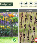 Comparison of rustproof Arched No Dig Garden Fence Panels 30 Pack 32.5 Ft Long and rusted chain link fence, highlighting durability.
