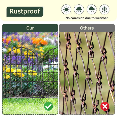 Comparison of rustproof Arched No Dig Garden Fence Panels 30 Pack 32.5 Ft Long and rusted chain link fence, highlighting durability.