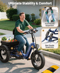 Electric Trike For Adults With 960W Peak Power Full Suspension And Reverse Gear Top Speed 15 MPH Sick All Terrain E Trike Built For Comfort Easy Cruising Durable Ride For Everyday Fun. Adult rider on blue electric trike with front and rear double suspension
