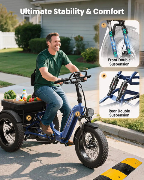 Electric Trike For Adults With 960W Peak Power Full Suspension And Reverse Gear Top Speed 15 MPH Sick All Terrain E Trike Built For Comfort Easy Cruising Durable Ride For Everyday Fun. Adult rider on blue electric trike with front and rear double suspension