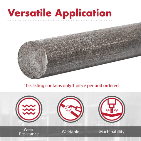 Cold Rolled AISI 1018 Carbon Steel Round Bar 0.375 Inch Diameter, 36 Inch Cut Length, shown with weldable and machinable icons